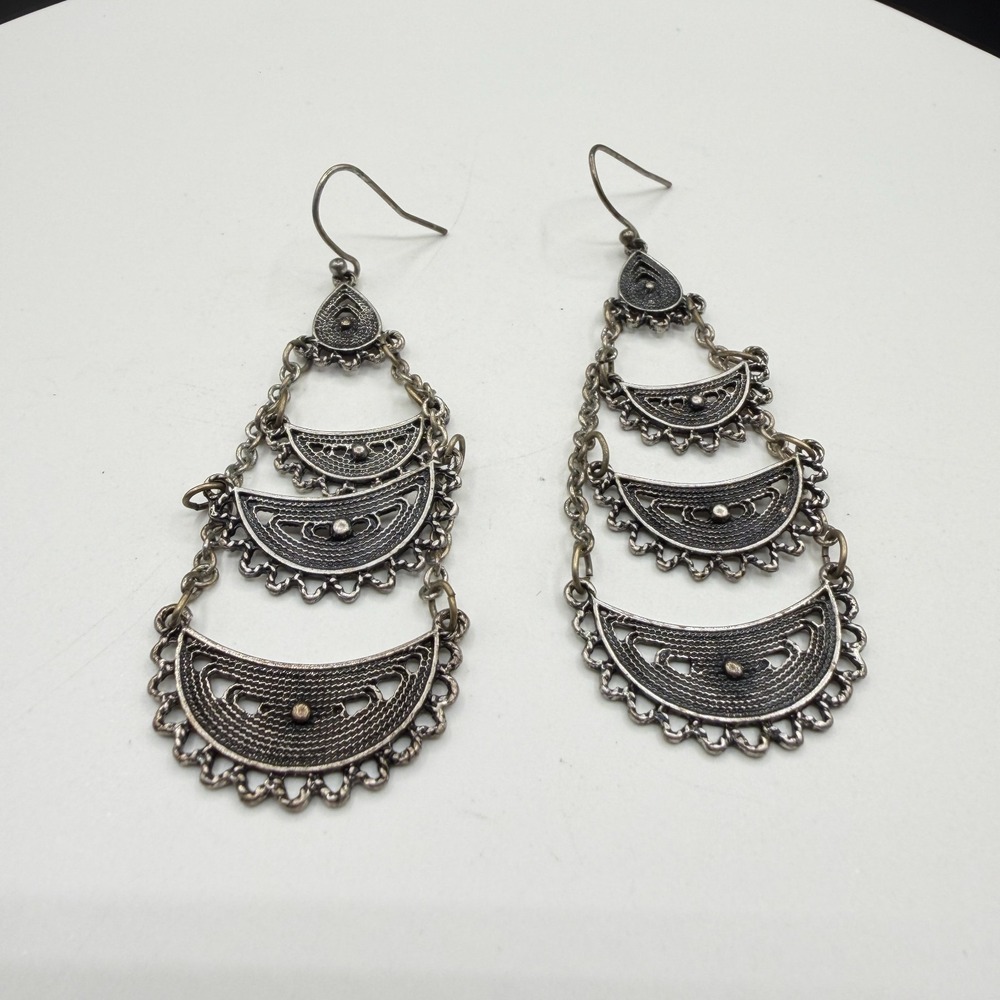 Silver Tone Filigree Chandelier Earrings Boho Statement Vintage Festival Dangle